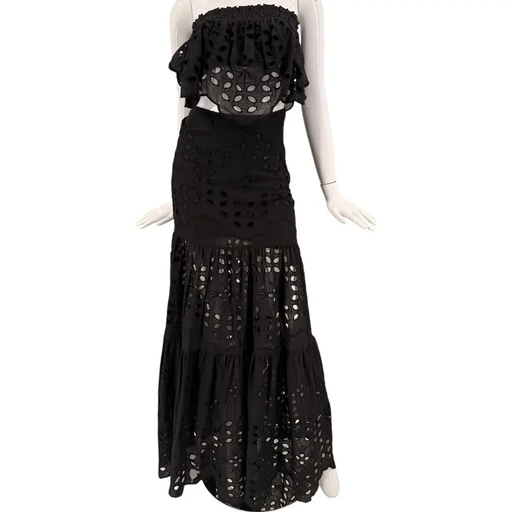 Luxxel Palm Chains Eyelet Embroidered Two Piece Maxi Skirt Set Black Women's S